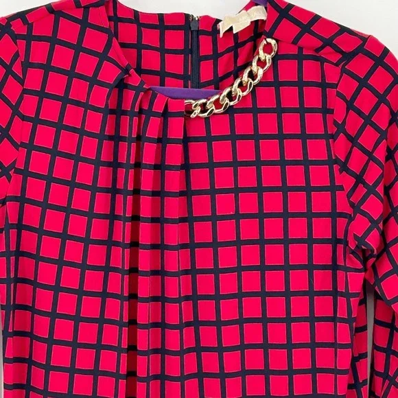 Michael Kors Mod Geometric Grid Print Shift Dress Red Black Chain Neckline Small - Picture 3 of 8